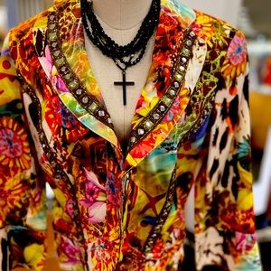 Colorful flowers and animal print jacket designed by Roberto Makali size 4.